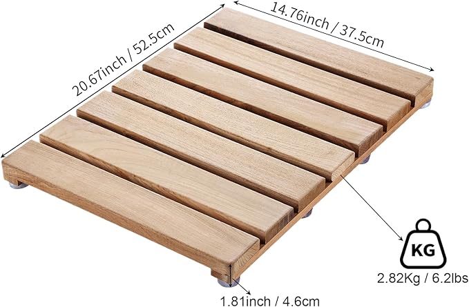 Natural Teak Wood Shower Bath Mat, 20.67 * 14.76 Inches, Non-Slip Rubber Feet, Premium Wooden Floor Mats for Spa, Sauna, Pool and Hot Tub, Flooring Decor and Protector, Indoor and Outdoor Use.