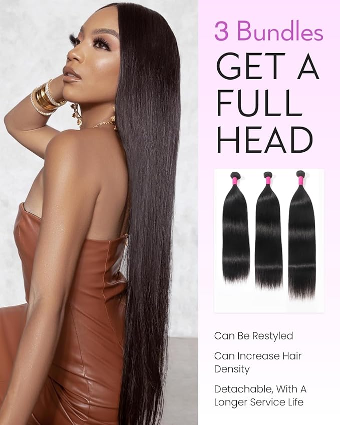 Arabella 3 Straight Bundles Human Hair 26 28 30 Inch Natural Black Hair Bundles 100% Unprocessed Brazilian Virgin Hair 10A Weave Sew in Double Weft Bundles Human Hair