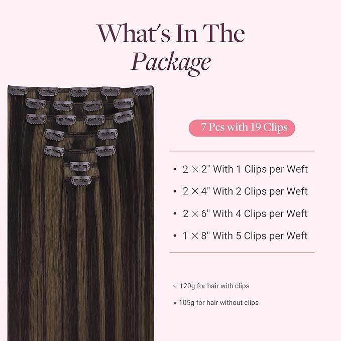 GOO GOO Clip in Hair Extensions Real Human Hair, Remy Human Hair Extensions Clip ins for Women, Natural Human Hair, 18inch 120g 7 Pcs, #2/6 Dark Brown Highlighted Chestnut Brown