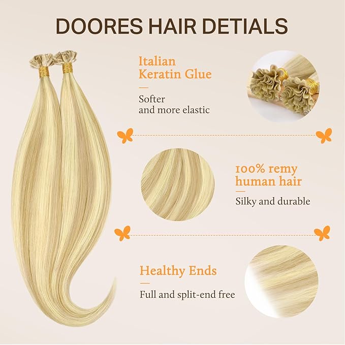 Doores Keratin Tip Extensions, Drity Blonde Highlight Golden Blonde 22 Inch 50g/50s, Human Hair Extensions, U Tip Hair Extensions Human Hair