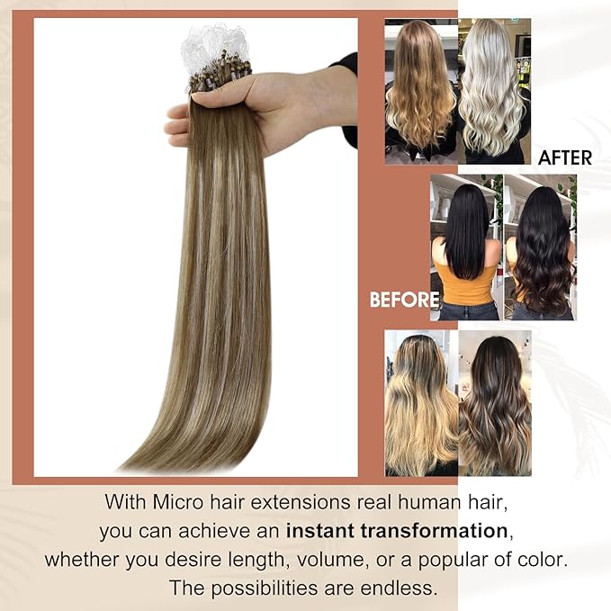 Full Shine Micro Link Human Hair Extensions Brown and Blonde Balayage Human Hair Micro Ring Hair Extensions Human Hair 24 Inch Prebonded Extensions for Women 50 Grams