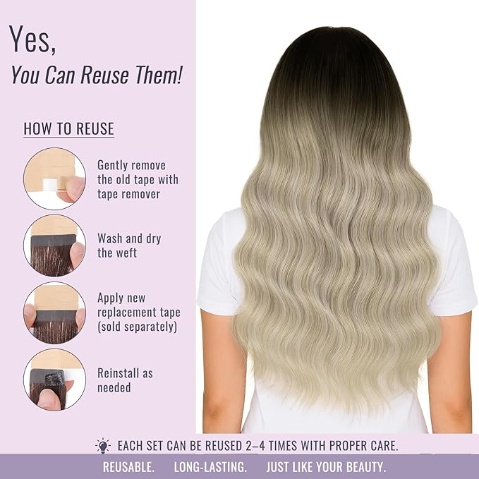 Fshine Real Hair Extensions Tape 22 Inch Dark Brown to Ash Blonde and Platinum Brlonde Balayage Tape in Hair Extensions 20 pcs 50 g, Great for Engagements & Anniversaries