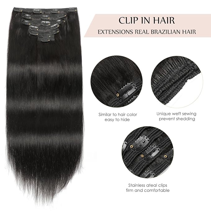 Sisily Clip in Hair Extensions Real Human Hair, 22 inch 170g, Natural Straight Human Hair Clip in Extensions for Black Woman, Soft Straight 7pcs Per Set with 16 Clips Double Weft