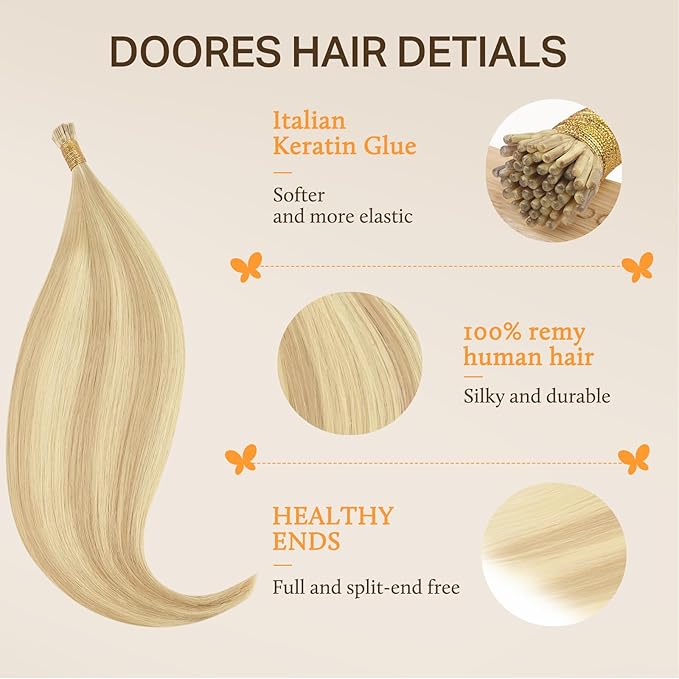 DOORES Keratin I Tip Extensions, Drity Blonde Highlight Golden Blonde 50g/100s 16 Inch, Long Hair Extensions I Tip Extensions Itip Extensions Real Human Hair