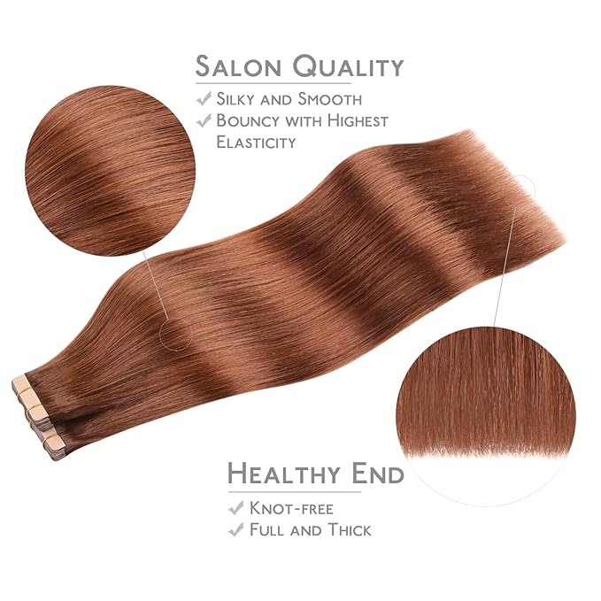 WENNALIFE Tape in Hair Extensions Human Hair, 40pcs 60g 10 inch Dark Auburn Copper Hair Extensions Real Human Hair Straight Tape in Extensions Invisible Human Hair Extensions Reusable Real Hair Extens