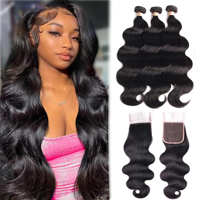 Real Human Hair Bundles Body Wave 14 16 18 Inch with 12 Inch Lace Closure, 3 Bundles Unprocessed Natural Black Remy Brazilian Virgin Cambodian Hair Wavy, 1b, No Tangle No Shedding