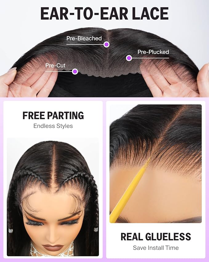 Glueless 13x6 Lace Front Wigs Human Hair Pre Plucked Pre Cut 220% Density Ear-to-Ear HD Lace Straight Wigs for Women with Drawstring 30 Inch