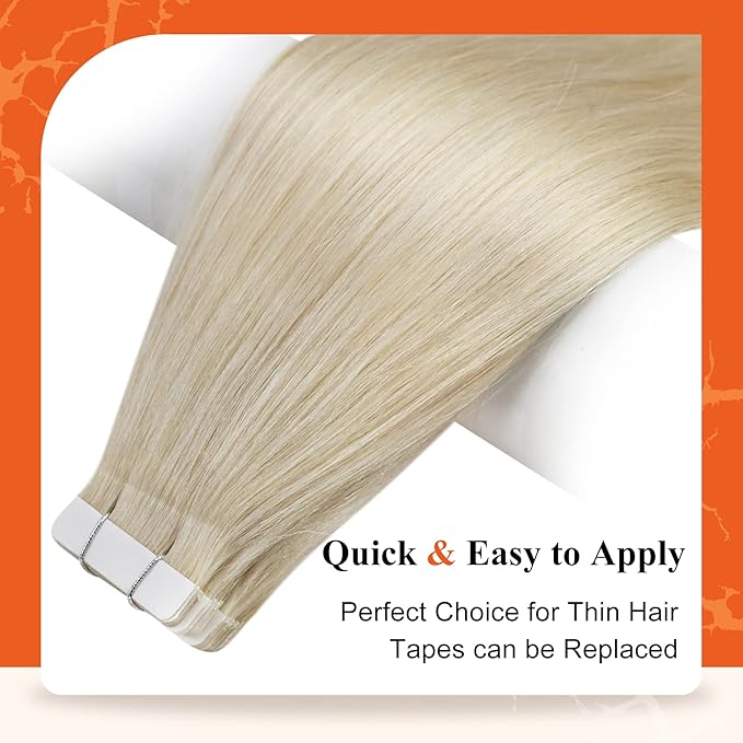 Full Shine Blonde Tape in Hair Extensions Human Hair 18 Inches Color Platinum Blonde 60 Double Sided Tape ins Human Hair Extensions Invisible Skin Weft 20Pieces 50Grams for Women Soft
