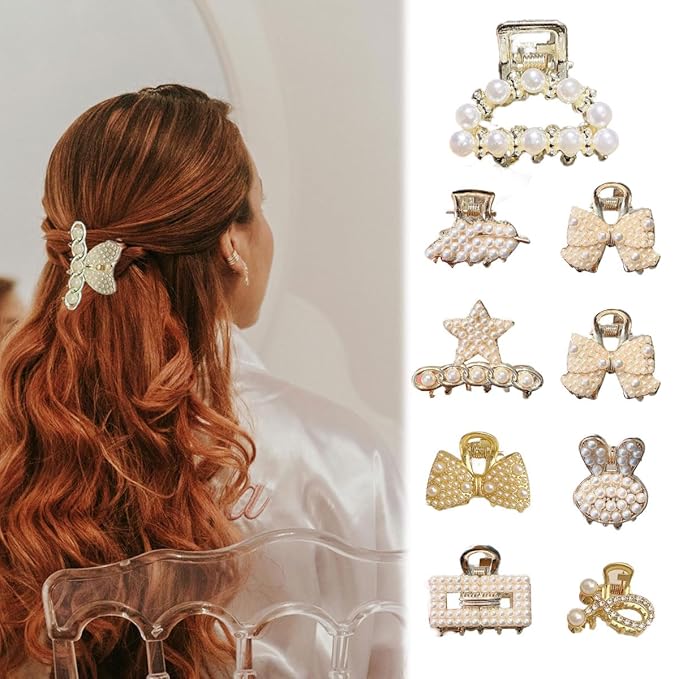 FZBNSRKO 20 Pcs Small Pearl Hair Clips,Rhinestone Hair Pins Pearl Claw Clips Mini Crystal Flower Barrettes for Girls Women(mixed style)