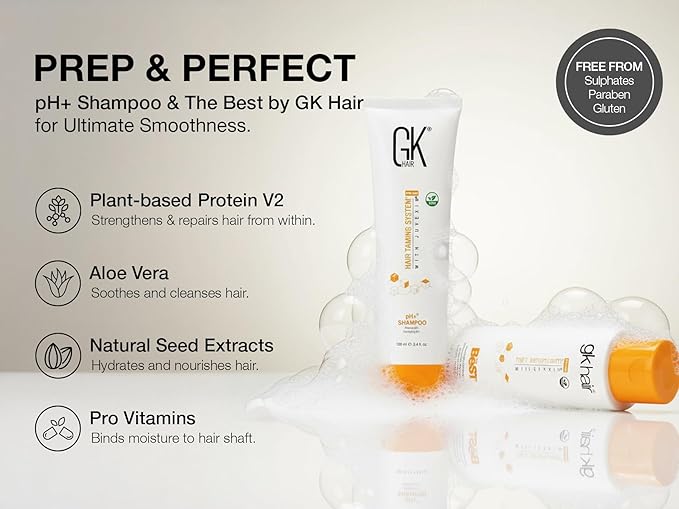 GK HAIR Global Keratin Professional Brazilian Keratin Hair Treatment Kit (100ml/3.4 Fl. Oz.) With PH shampoo- The Best Smoothing & Strengthening to make Hair Healthy - Formaldehyde free, Sulfate-free