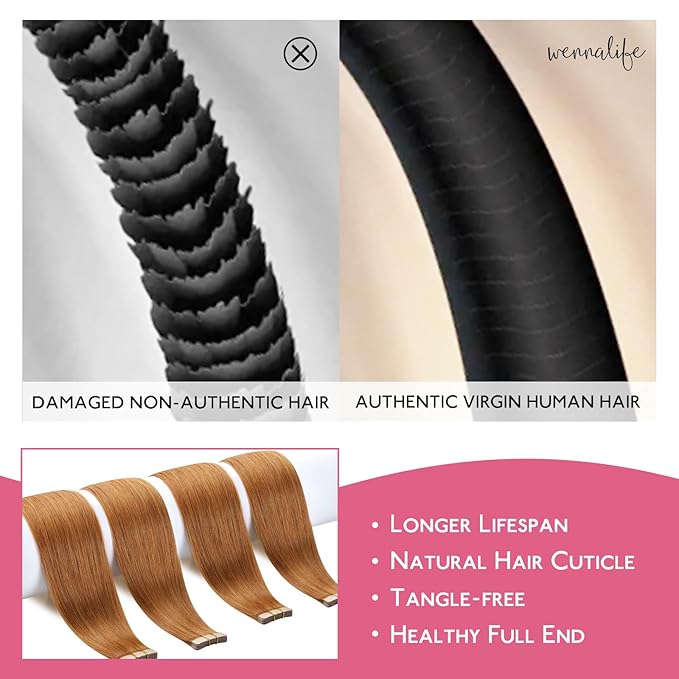 WENNALIFE Tape in Hair Extensions Human Hair Auburn Ginger Tape in Extensions, 10pcs 20g 10 inch Remy Invisible Tape Ins Straight Colored Soft Real Human Hair Tape in Extensions Refill Set Extensions