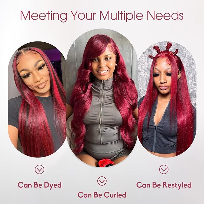 99j Burgundy 13x6 HD Lace Front Wigs Human Hair,100% Human Hair,[2 Year Life],200% Density 30 Inch Straight Burgundy Wig Human Hair Pre Plucked for Black Women Free Part