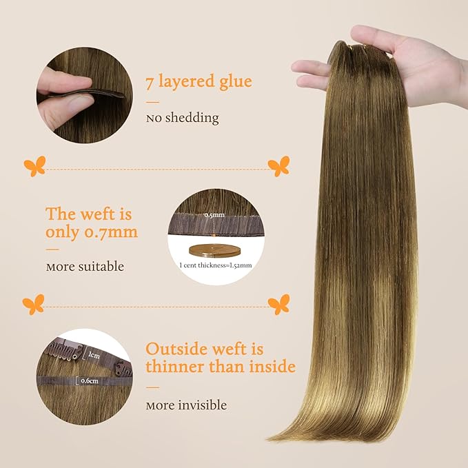 DOORES Real Human Hair Extensions - Medium Brown Highlighted Dirty Blonde, 7pcs 14 Inch 110g, Seamless Clip In, Invisi Edge, Straight