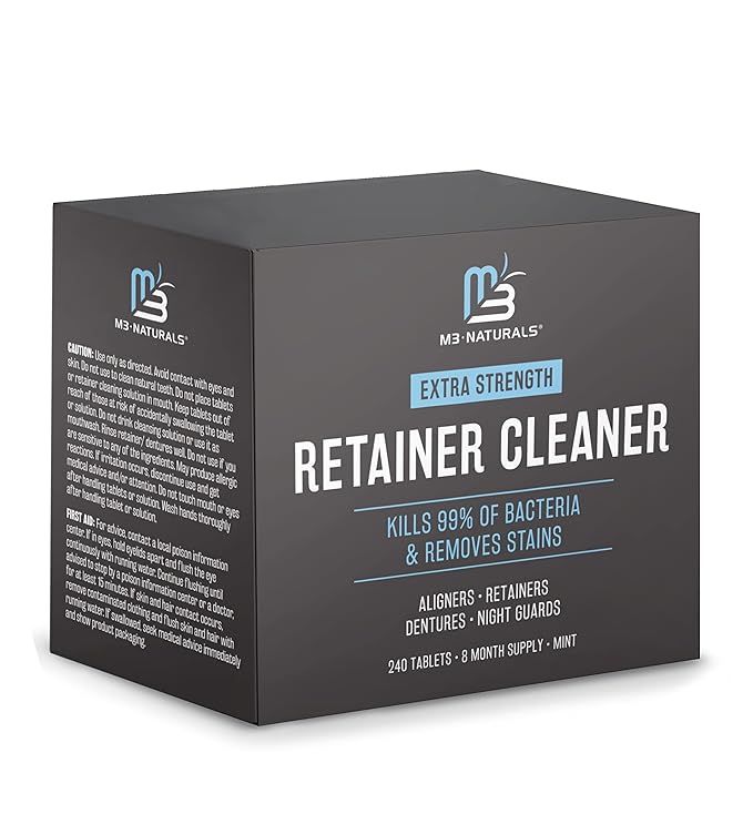 Retainer and Denture Cleansers 240 Tablets Removes Bad Odors Discoloration Stains Plaque for Cleaning Invisalign Mouth Guard Night Guard and Removable Dental Appliances by M3 Naturals