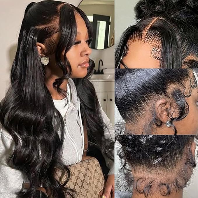 360 Lace Front Wigs Human Hair 220% Density Hidden Straps Body Wave HD Lace Front Wigs with Drawstring 360 Full Lace Wigs Brazilian Virgin Human Hair Wig for Women Natural Black 16Inch