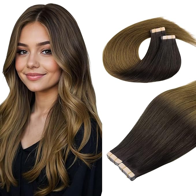 DOORES Tape in Hair Extensions Human Hair, Chocolate Dip Color Melt 26 Inch 120g 40pcs, Human Hair Extensions Natural Hair Extensions Seamless Straight
