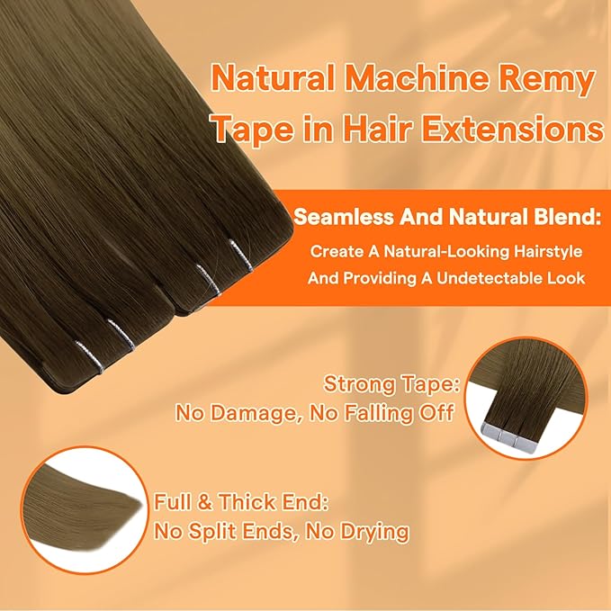 Full Shine Invisible Injection Tape in Hair Extensions Human Hair Color R3 Dark Brown to 8 Light Brown Intact Aligned Cuticles Seamless Tape in Extensions 12.5Grams 5Pcs 20Inch for Transitioning Hair