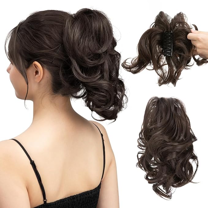 CJL HAIR Claw Clip Short Ponytail Hair Extensions DIY Bendable Metals Messy Bun Hair Piece for Wonen Wavy Curly Synthetic Fake Hairpieces Dark Brown