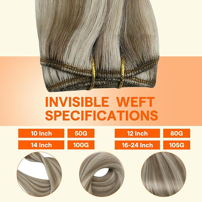Full Shine Blonde Weft Hair Extensions For Women Human Hair Sew In Extensions 20 Inch Machine Tied Weft Human Hair Extensions Color Ash Brown Mix Platinum Blonde Remy Straight Hair 105G
