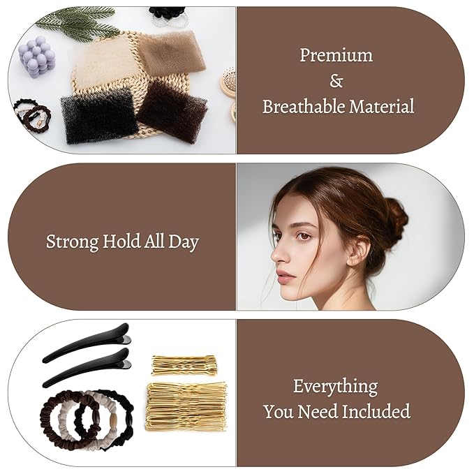 70 * 5"Updo Hair Hair Bumps, Volume Insert Kit Accessories with 20 Bobby Pins, 20 U-Shape Pins, 2 Duckbill Clips, 3 Hair Ties Ponytail Volumizer For Bun, Wedding, Party (Brown)