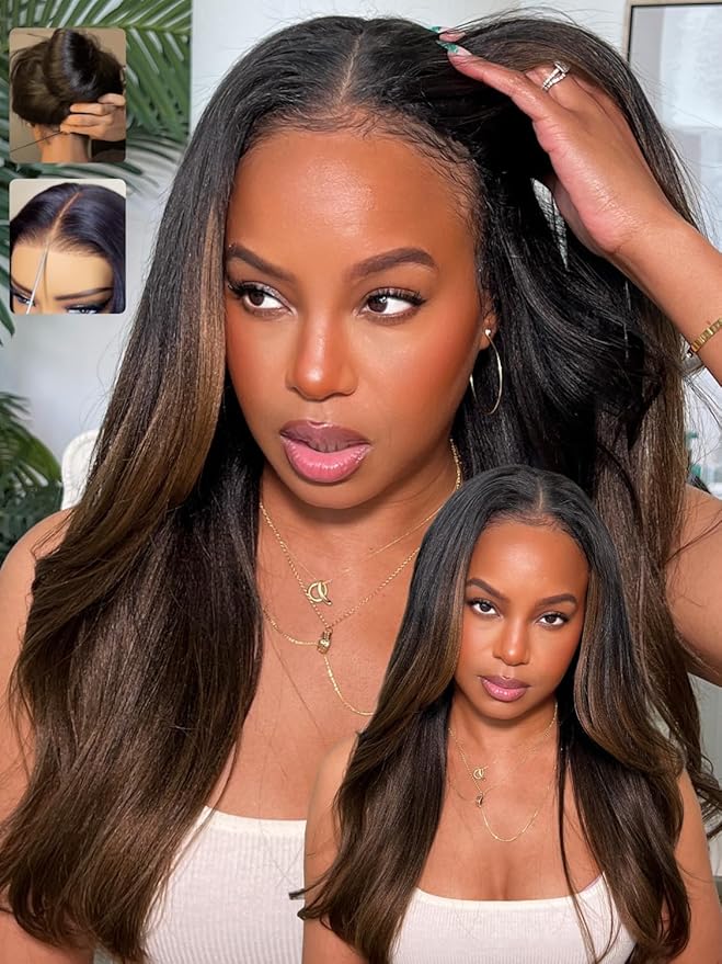 Sunber Yaki Straight Ombre Chestnut Human Hair Wigs with Drawstring Upgrade 3D Cap Put and Go Bye Bye Knots Pre Cut 7x5 HD Lace Front Glueless Yaki Wigs Pre Plucked Invisible Knots 3S Wear 26Inch