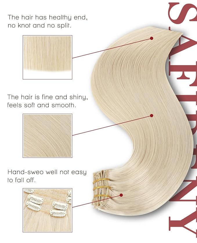 Hair Extensions Clips Ins Real Human Hair Platinum Blonde 16inch 140g 7pcs for women Natural Hair(#60-16inch)