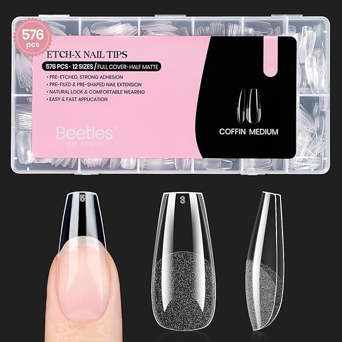 Beetles Gel Nail Tips Medium Coffin 576PCS Etch X Nail Tips, 12 Sizes Pre Shaped Half Matte Press On Nails Full Cover False Nails Acrylic Nails Glue on Nails Extensions Set for Women Home DIY