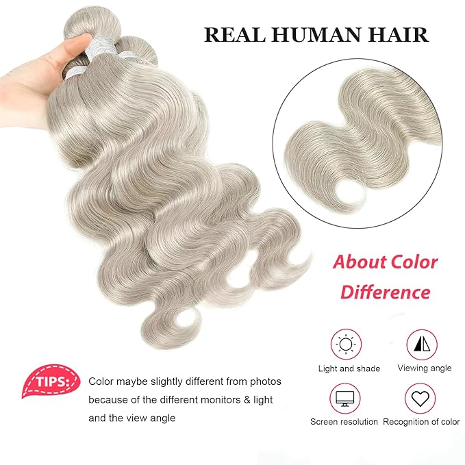 Platinum Silver Human Hair Bundles Body Wave 16 16 16 inch 100% Virgin Human Hair Weave Extensions 12A Quick Weave Bundles Double Weft