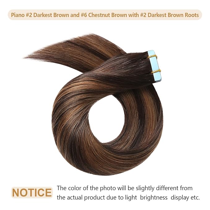 YILITE Tape in Hair Extensions Human Hair 20inch #2-6-2 20pcs 50Gram Balayage Dark Brown to Chestnut Brown 100% Remy Human Hair,Tape ins for Women and girls