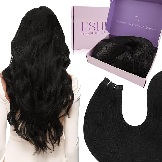 Fshine Weft Hair Extensions Human Hair Jet Black 14 Inch 100 Grams Hand Tied Weft Hair Extensions Real Human Sew in Straight Bundle