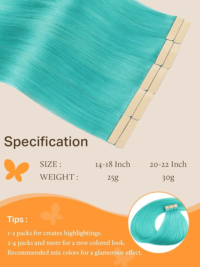 DOORES Tape in Hair Extensions Real Human Hair, Teal Green Tape in Hair Extensions, Remy Human Hair Extensions Natural Hair Straight, 25g 10pcs 14 Inch