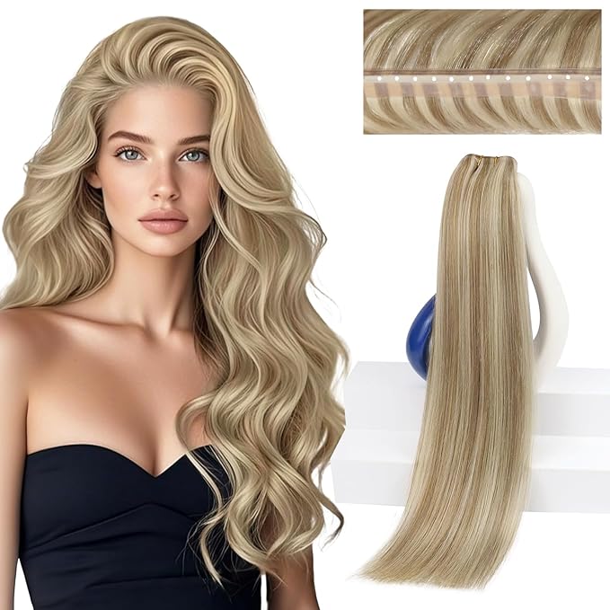 Sunny Hair Genius Weft Hair Extensions with Bead 18Inch Butterfly Weft Hair Extensions Golden Blonde Highlight Dirty Blonde Double Layered Remy Invisible Add Volume 100G