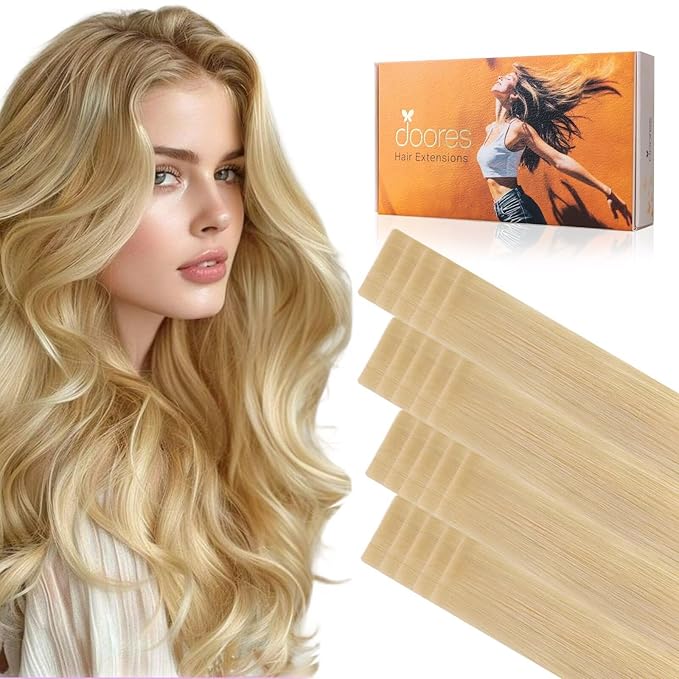 DOORES Invisi Edge Human Hair Extensions Tape in, Drity Blonde Mixed Platinum Blonde 10 Injection Tape-ins with 10 Injection Tape-ins 50g 24 Inch, Injected Tape in Virgin Human Hair
