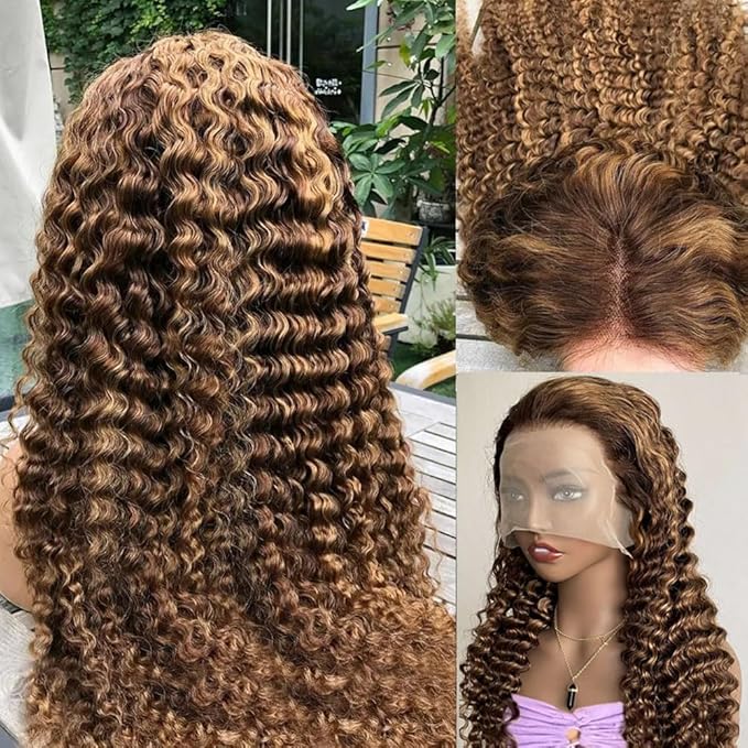 Highlight Ombre Deep Wave Lace Front Wig Human Hair Pre Plucked 13x4 HD Transparent Lace Frontal Wigs 180% Density 22 Inch Curly Glueless Wig for Black Women