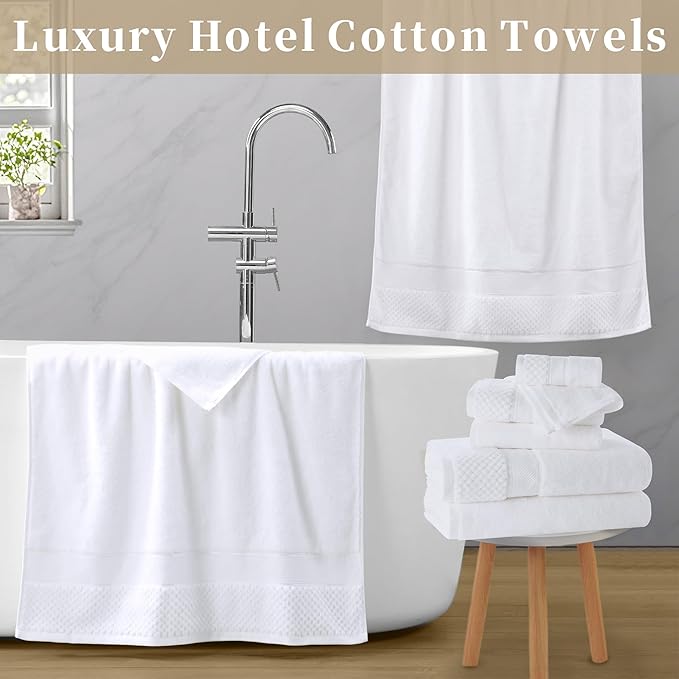 Durable Towel Set for Bathroom, Set of 8（2PC Bath 31"x62",2PC Hand 18"X30",4PC Wash 12"X12") - 100% Cotton | Thick 560GSM | Quick Dry | Soft | Absorbent, Luxury Hotel Towels for Shower, White
