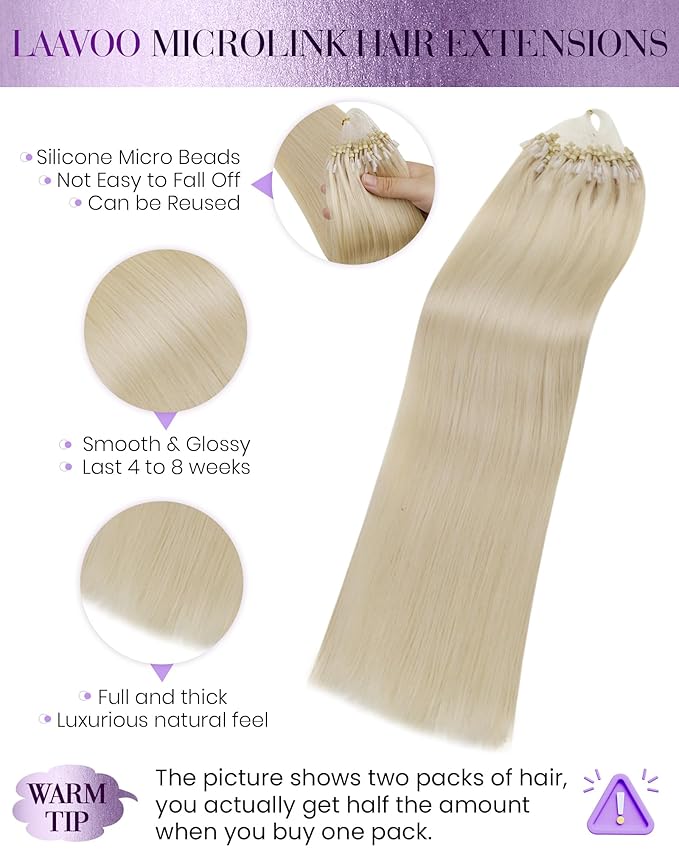 LaaVoo Micro Loop Hair Extensions Real Human Hair Bleach Blonde Micro Link Hair Extensions Human Hair Long Straight Blonde Micro Beads Hair Extensions Human Hair 50g/50s 24 Inch
