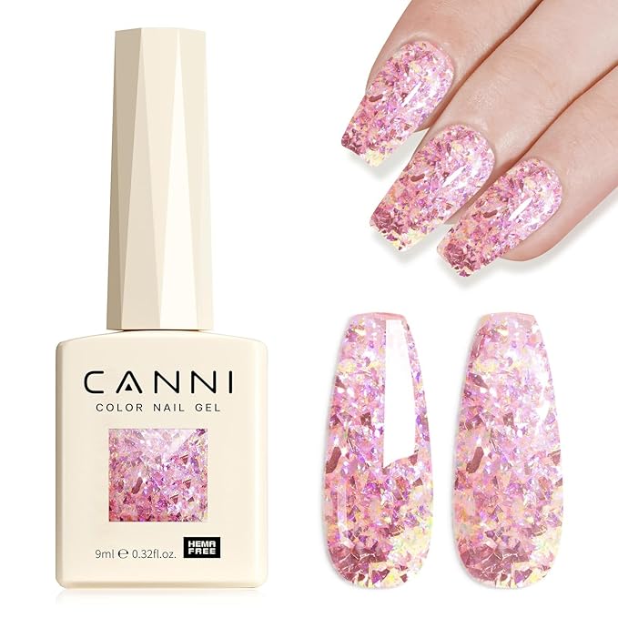 CANNI Glitter Gel Nail Polish – 1pcs 9ml Broken Pink Color, Soak Off UV LED Nail Gel for DIY Nail Art, Salon or Home Manicure