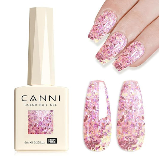 CANNI Glitter Gel Nail Polish – 1pcs 9ml Broken Pink Color, Soak Off UV LED Nail Gel for DIY Nail Art, Salon or Home Manicure