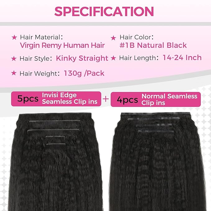 Lashey 5pcs Invisi Edge & 4pcs Seamless Clip in Hair Extensions Human Hair, 18 Inch 130g Real Human Hair Extensions Natural Black Kinky Straight Hair