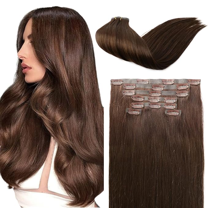 Seamless Clip in Hair Extensions Real Human Hair For Women 125g 20 Inch Chocolate Brown Invisible PU Skin Weft Remy Human Hair Extensions clip ins 7Pcs 18 Clips