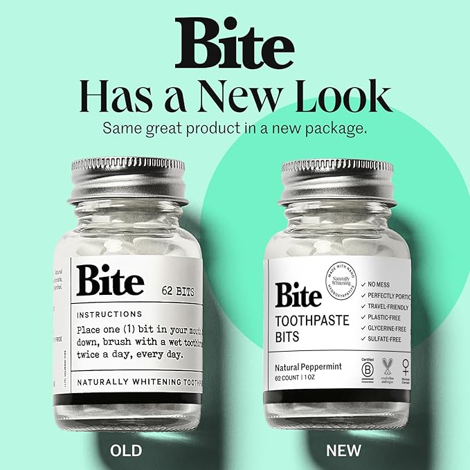 Bite Whitening Toothpaste Tablets (2 Months) – Fluoride Free, Nano Hydroxyapatite + Xylitol, Mint – Vegan, Cruelty-Free, Made in USA, Sensitive Teeth, Travel Size, Adults & Kids, (2 Bottles, 124 Tabs)