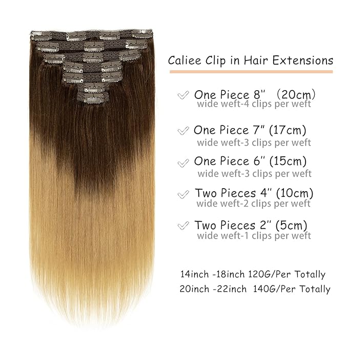 Caliee Human Hair Clip in Extensions Ombre T3-12 Darker Brown Fading to Light Golden Brown Hair Extensions Clip in Human Hair 14 Inch 7 PCS 120 G Natural Straight Invisible Lace Weft Soft