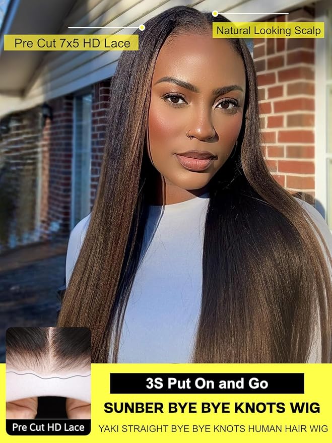 Sunber Yaki Straight Ombre Chestnut Human Hair Wigs with Drawstring Upgrade 3D Cap Put and Go Bye Bye Knots Pre Cut 7x5 HD Lace Front Glueless Yaki Wigs Pre Plucked Invisible Knots 3S Wear 18Inch