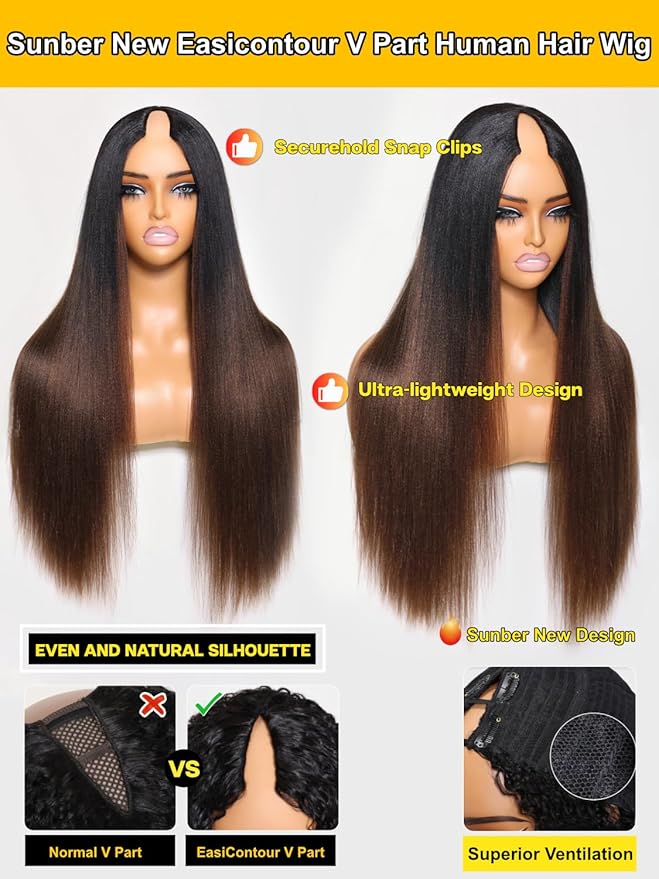 Sunber Ombre Chestnut Yaki Straight V Part Human Hair Glueless Wig Upgrade U Part Wig No Leave Out Vpart light yaki straight Machine Made Clip In Half Wigs No Leave Out Real Scalp V Shape 16Inch
