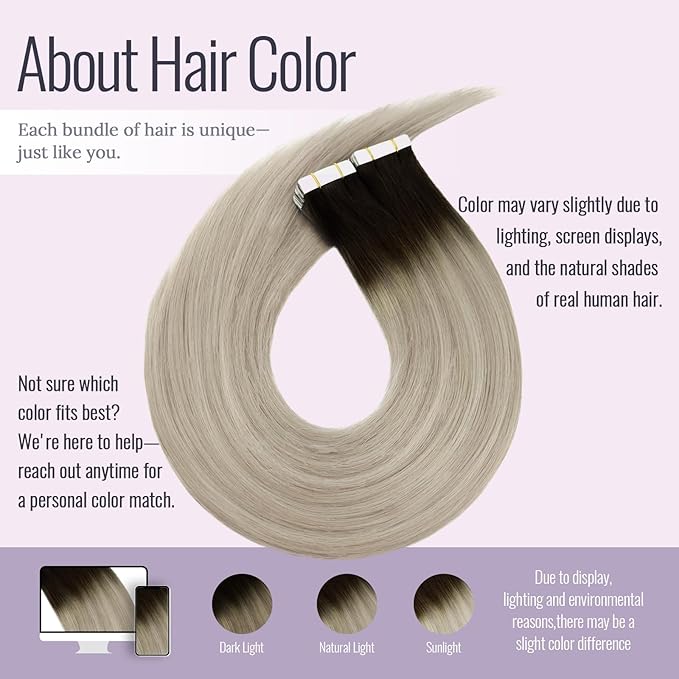 Fshine Tape in Hair Extensions Ombre 16 Inch Brown Fading to Ash Blonde and Platinum Blonde Tape in Human Hair Extensions 20 pcs 50 g,Suitable for Date Nights & Romantic Occasions