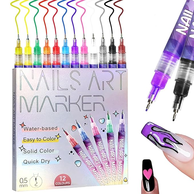 12 Color Nail Art Pens 0.5 MM Nail Polish Pens Set Drawing Painting Point Liner Acrylic Painted Pen Kit Waterproof and Quick-drying Nail for DIY Nails Art Design Manicure Tools (Pattern Templates)