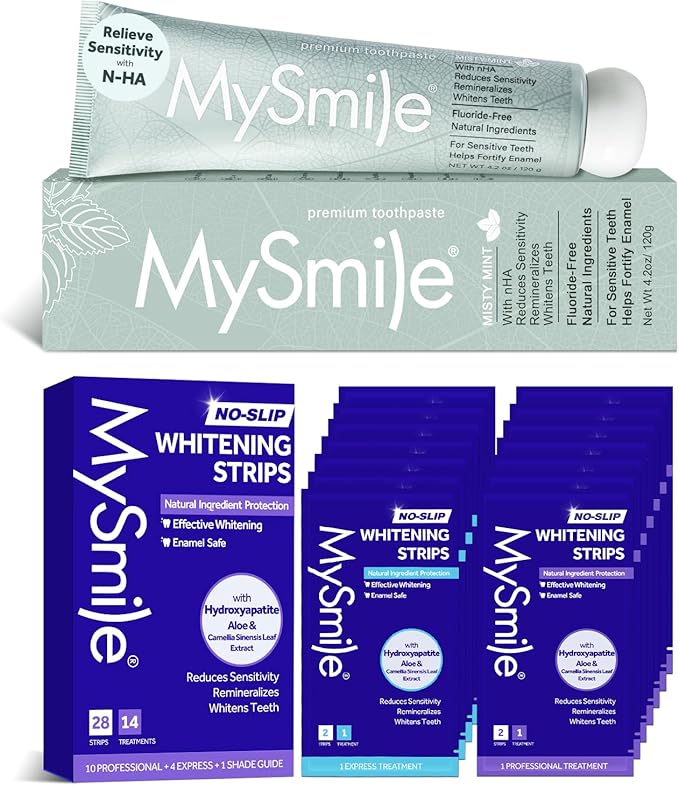 MySmile Teeth Whitening Strips 14 Treatments with Fluoride Free Toothpaste 4.2oz, Infused Hydroxyapatite, Includes Natural Ingredients, Helps Strengthen Enamel, Whiten Teeth, Fresh Mint