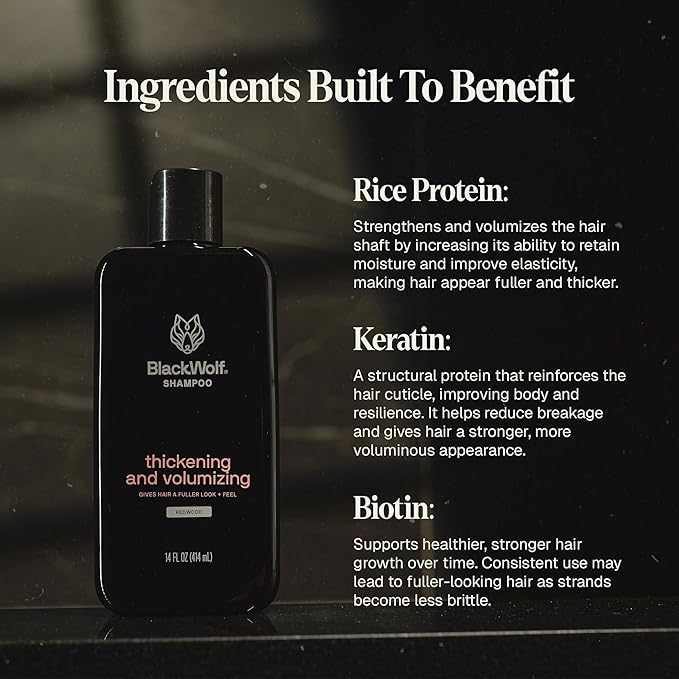 Black Wolf Thickening & Volumizing Hair Shampoo for Men - Strengthening Hair Care Products for Volume & Body with Biotin, Keratin & Hydrolyzed Rice Protein - Curly, Straight, Oily & Dry Haircare