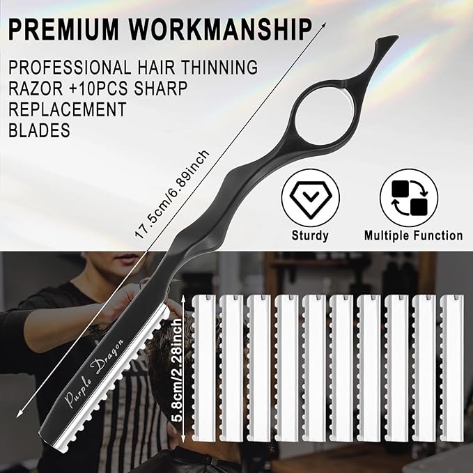 Hair Razors For Cutting Hair 7" Mental Thinning Styling Razors with 10 PCS Sharp Stainless Steel Blades Professional Hair Styling Tool for Salon and Home (Black)