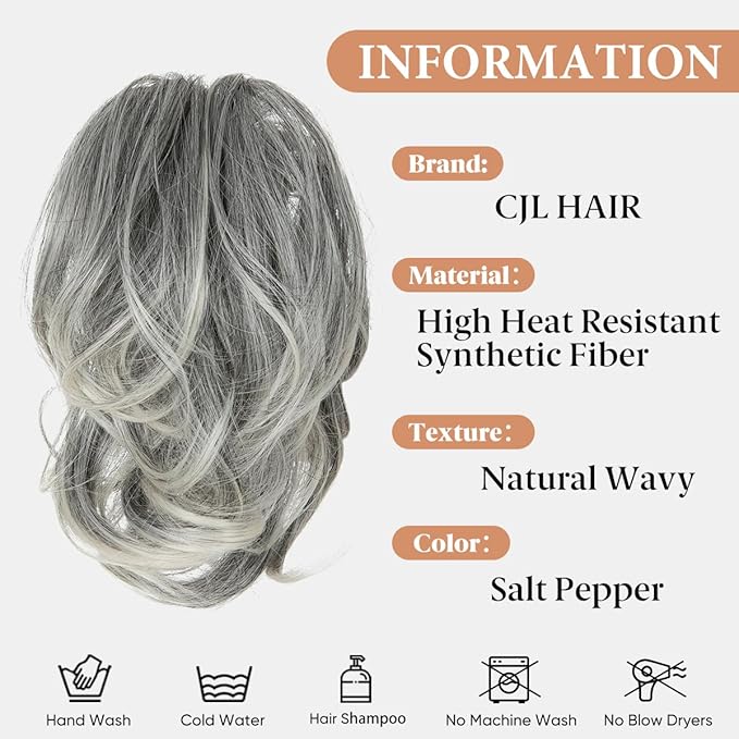 CJL HAIR Claw Clip Short Ponytail Hair Extensions DIY Bendable Metals Messy Bun Hair Piece for Wonen Wavy Curly Synthetic Fake Hairpieces Salt and Pepper